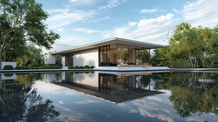 Obraz premium contemporary suburban home with a moat-like pool surrounding the structure, reflecting its clean lines and enhancing its modern aesthetic