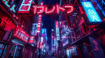 An eye-catching night scene of a neon-lit street filled with Japanese signs and advertisements, capturing the essence of an urban cityscape at night, appropriate for travel and city life themes.