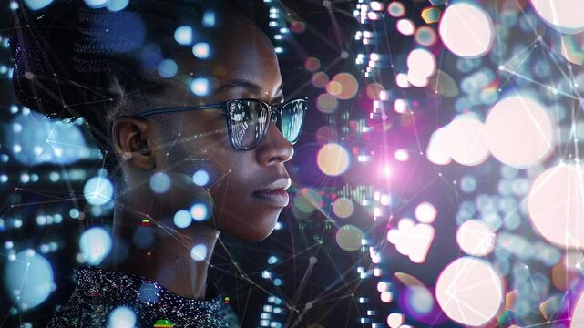 Black woman cyber security expert. With AI code illusminated overlay around her. Working in a data center. Female Computer Engineer. Generate AI. - Powered by Adobe