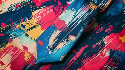 A close-up of abstract fabric with bold colorful splashes of blue, yellow, and pink hues accompanied by an elegant necktie, creating a vibrant and stylish visual appeal.
