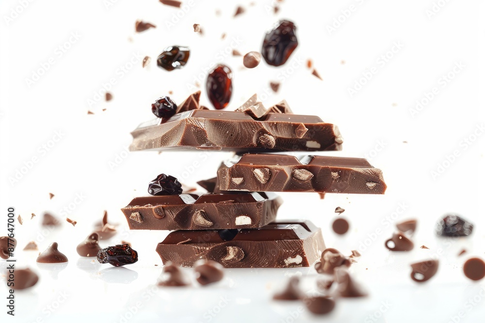 Aufkleber chocolate bars with raisins exploding on white background