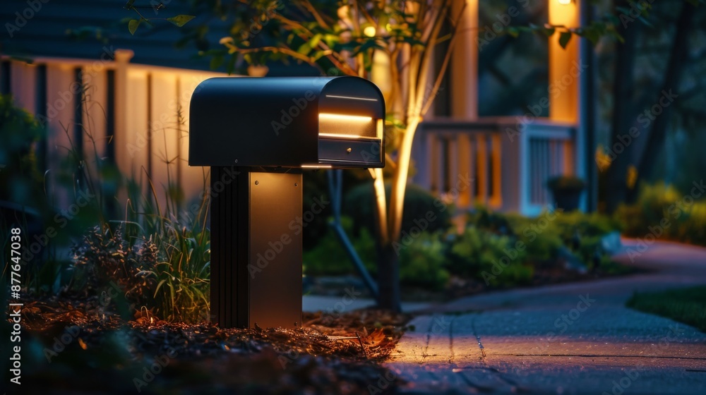 Poster a black mailbox with a light inside sits on a concrete path at night, illuminated by a light on its 