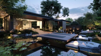 Fototapeta premium contemporary suburban house with an outdoor yoga platform surrounded by tranquil water features and soft landscape lighting