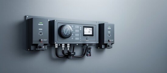 Industrial control panel with meters and switches on a gray background. Technical photography Banner with copy space
