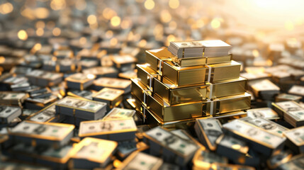 Fototapeta premium Stacks of gold bars surrounded by piles of US dollar bills, symbolizing wealth, investment, and financial growth.