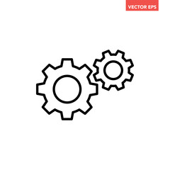 Black single gear setting line icon, simple cog wheel flat design vector pictogram, infographic interface elements for app logo web button ui ux isolated on white background