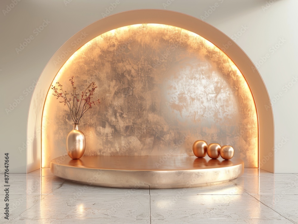 Poster Luxurious Gold Arch Display with Vase and Spheres. Luxurious display with a gold arch, vase, and spherical decor elements, creating an elegant and opulent visual presentation.