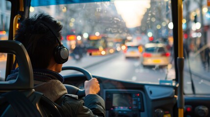 A bus driver, wearing headphones, navigates a busy urban street during the day, with a clear windshield revealing a bustling, colorful cityscape outside, filled with vehicles and pedestrians.