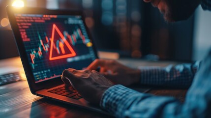 A person is analyzing stock market data late at night on a laptop, with a red warning sign displayed, indicating a critical financial situation or alert amidst fluctuating graphs.