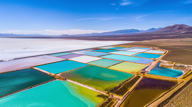Aerial view of a large lithium mine in the Atacama Desert, Chile, with evaporation ponds with vibrant colors ranging from turquoise to deep blue