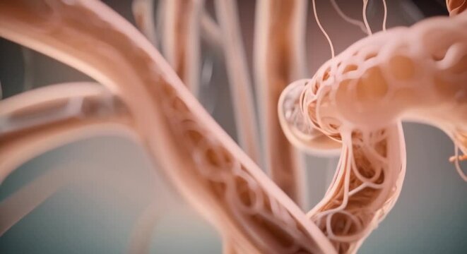 A closeup of the proximal tubules in a kidney nephron where the majority of reabsorption of water sodium and other substances occurs 4k animation