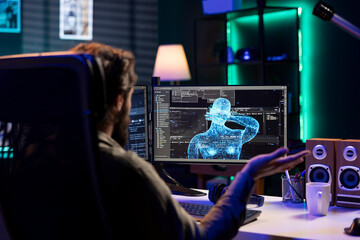Admin confused by AI gaining consciousness, becoming omniscient and waving hand to salute him. Computer developer surprised by AGI artificial intelligence turning autonomous and greeting him