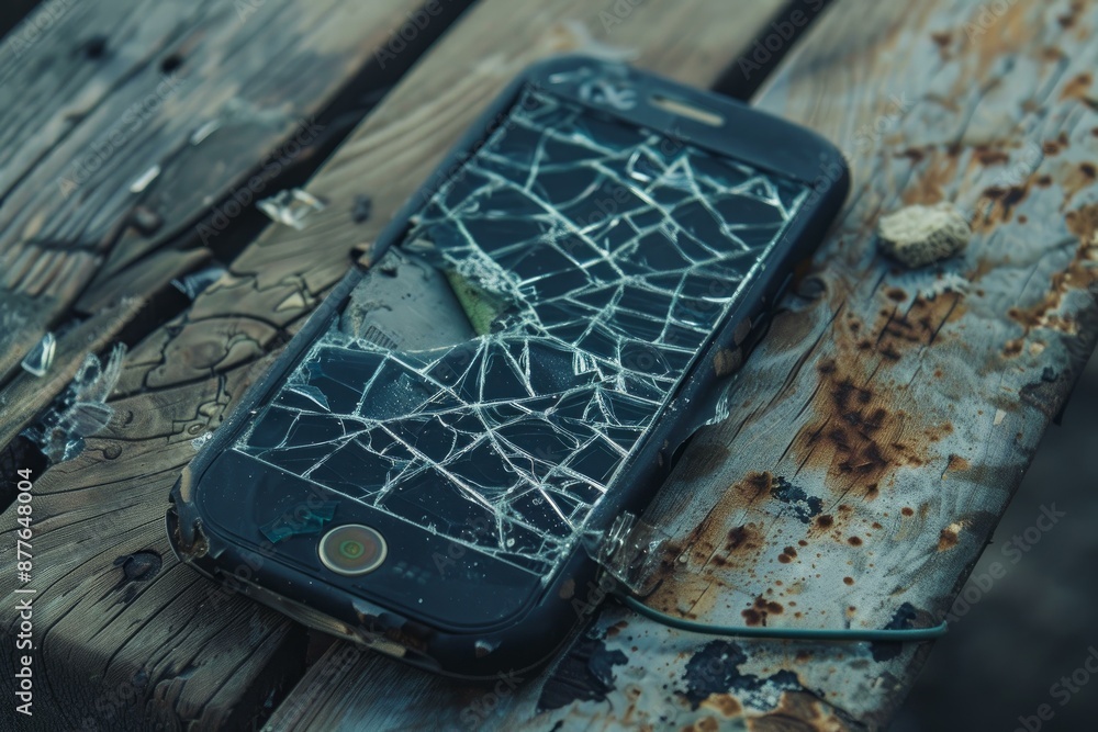 Poster smartphone with shattered screen showing concept of broken phone or dropped mobile device