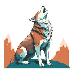 Wolf Howling on Rock Flat Vector Illustration