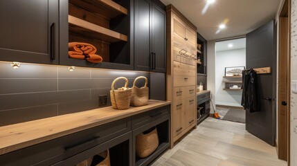 contemporary suburban mudroom with sleek cabinetry and hidden compartments for storage