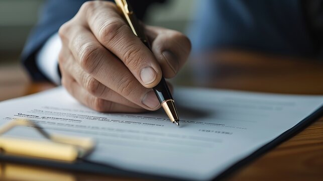 A close-up of a hand writing in a formal document with a pen, symbolizing precision, professionalism, and the importance of thorough documentation in official processes.