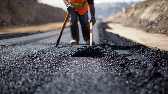 A construction worker in an orange vest and helmet uses a tool to spread asphalt on a newly paved road, emphasizing road construction and infrastructure development.