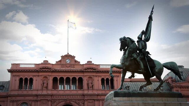 Equestrian Monument of General Manuel Belgrano and Casa Rosada Palace in Buenos Aires, Argentina. 4K Resolution.