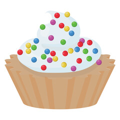 Cupcake with whipped cream and colorful sugar sprinkles. Vector illustration on white background.