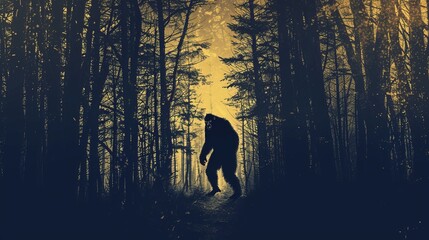 A figure resembling Bigfoot can be seen strolling through a misty forest at twilight, adding an air of mystery and enchantment to the natural surroundings.