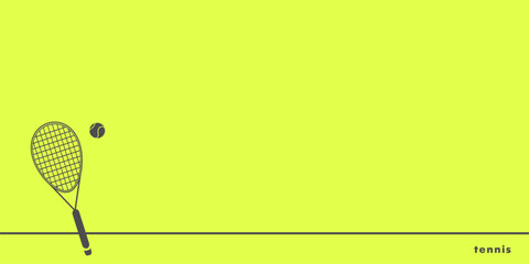 Big tennis concept. Vector banner template with tennis racket and ball. Text space. Footer of  big tennis on neon yellow  background for your web site design, app, UI. EPS10