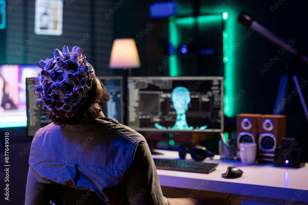 Poster computer technician entering trance, wearing eeg headset on head to communicate with artificial inte