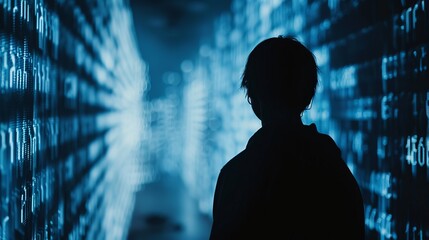 A person silhouetted against a wall covered in cascading numerical and digital data in cool blue tones, representing the flow of information in a high-tech environment.