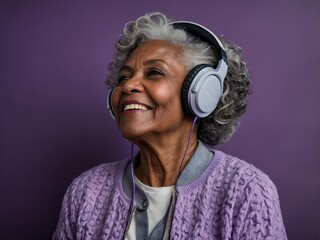 Portrait of an old black woman with headphones, purple background with copy space