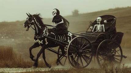 Naklejka premium An image showing skeletons riding a horse-drawn carriage through a desolate and dusty landscape, presenting an eerie and haunting vision of the past and future combined.