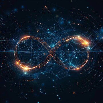 An artistic representation of the infinity symbol intertwined with a digital network, symbolizing endless possibilities and connectivity in the modern digital era.