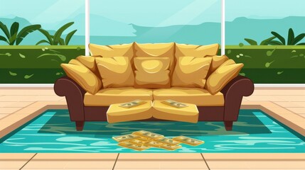 Obraz premium Cartoon illustration of a cozy living room with a brown couch, yellow cushions, and a patterned rug in front of large windows.