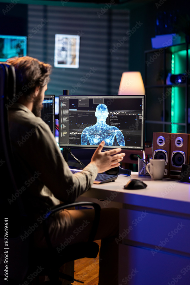 Poster teleworking engineer communicates with artificial intelligence entity with anthropomorphic body. it 