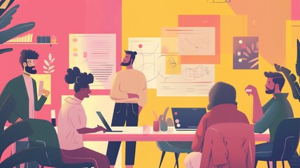 A creative team is seen in a vibrant, colorful setting discussing a project together, exchanging ideas and working collaboratively in an engaging and visually stimulating environment.