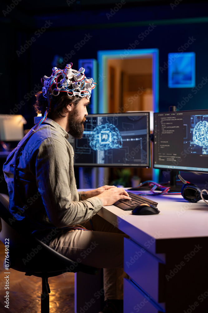 Poster software developer with eeg headset on writing code allowing him to transfer mind into computer virt