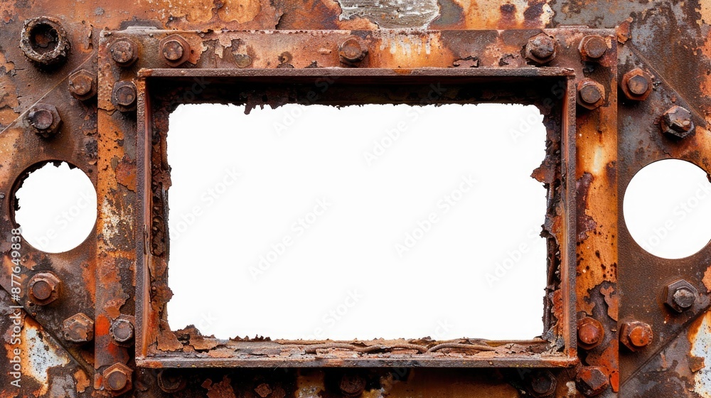 Poster a close-up shot of a rusted metal frame with numerous holes and rivets, perfect for use in industria