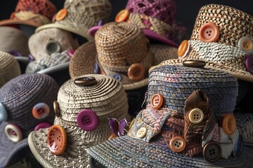 A collection of button-adorned hats, each a masterpiece of millinery