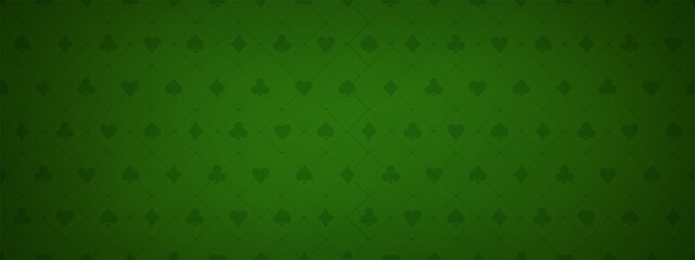 Abstract pattern with card suits on green background. Casino gambling, poker background. Hearts, clubs, spades and diamonds shapes. Vector EPS10