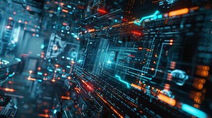 Obraz premium A depiction of intricate circuitry illuminated with blue and orange glowing elements, showcasing advanced electronic design and the interplay of modern technology and art.