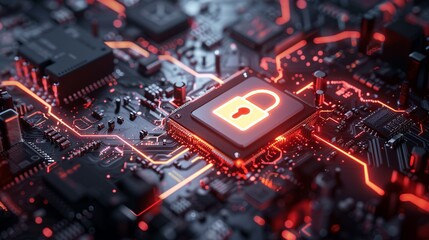An illustrative cyber lock on a circuit board glowing red, representing data protection, cybersecurity measures, and technology advancements in safeguarding information.