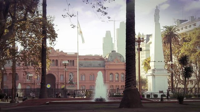 View of Plaza de Mayo with the Fountain and May Pyramid in front of Casa Rosada, Buenos Aires, Argentina. 4K Resolution.