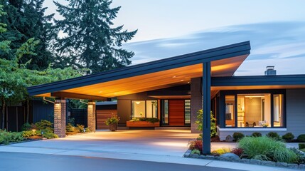 Fototapeta premium mid-century modern suburban house with a custom-built carport that complements the architectural style of the home, featuring sleek lines and durable materials