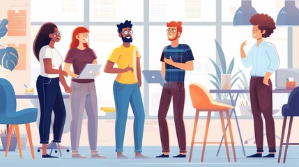 A group of coworkers engaging in a discussion, holding laptops and notebooks, inside a colorful and bright modern office space, reflecting collaboration and creativity.