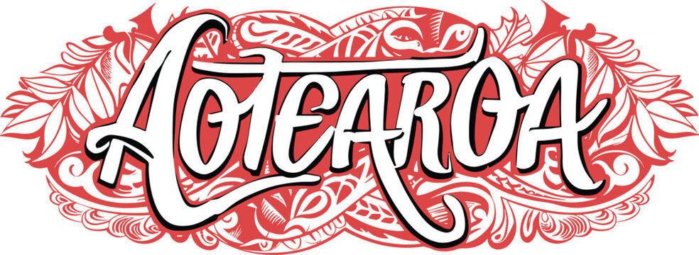 New Zealand vector illustration. Aotearoa black and red sticker, Polynesian Maori ethnic style artwork design.