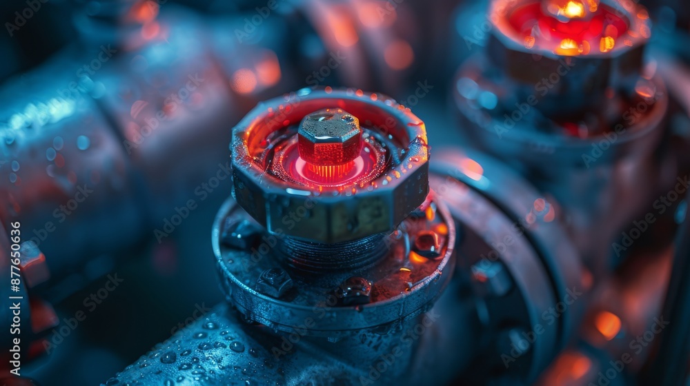 Poster close-up of industrial valve with red handle. close-up of an industrial valve with a red handle in a