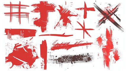 This abstract image presents various red paint splatters and strokes on a white canvas, showcasing modern artistic expression with a touch of chaos and intensity.