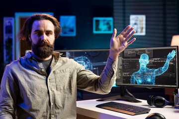 Rogue AI taking control of software developer, moving his limbs, starting robot uprising posing...