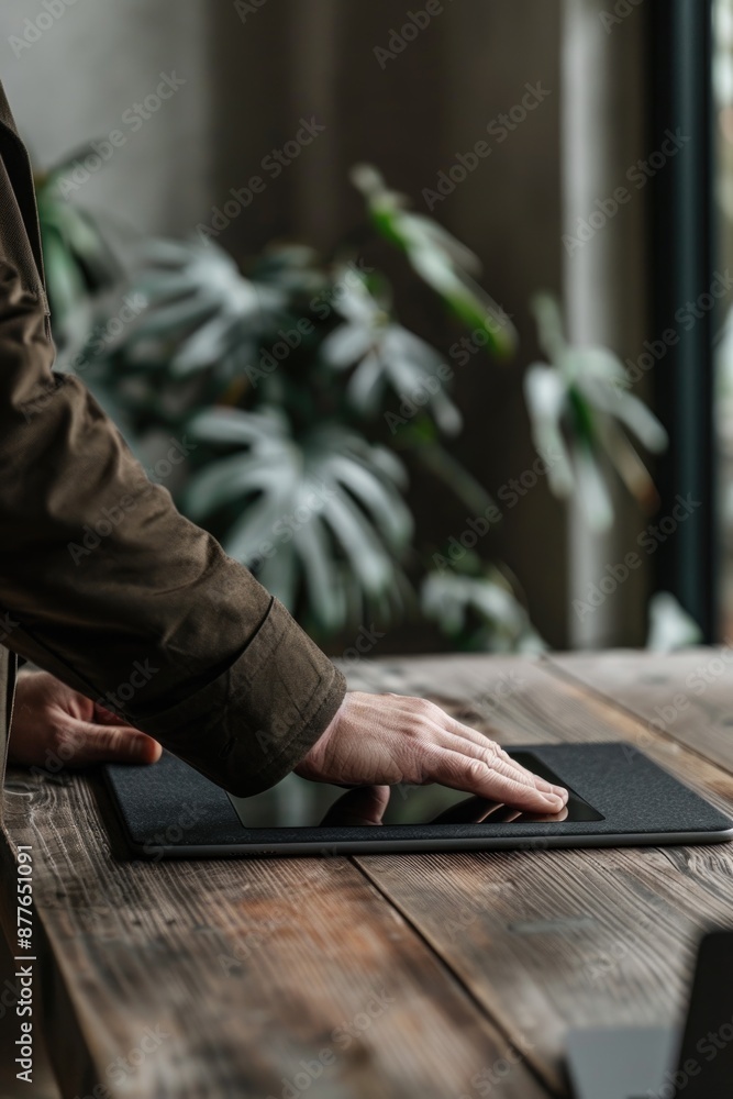 Poster a person using a tablet on a wooden table with natural wood grain and subtle lighting