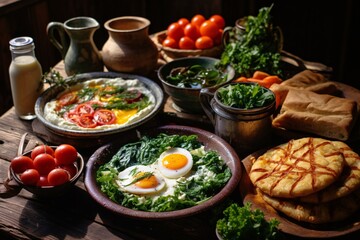 Brunch spread with a variet of dishes pastries. Village Breakfast with pastries, vegetables, greens, spreads, cheeses, fried eggs, jams