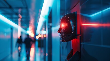 A humanoid head embedded in a wall with facial recognition patterns illuminated, set in a sleek, neon-lit corridor, symbolizing advanced security technologies.