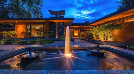 mid-century modern suburban home with an elegant front entry that features a water fountain and night-time illumination for a dramatic effect